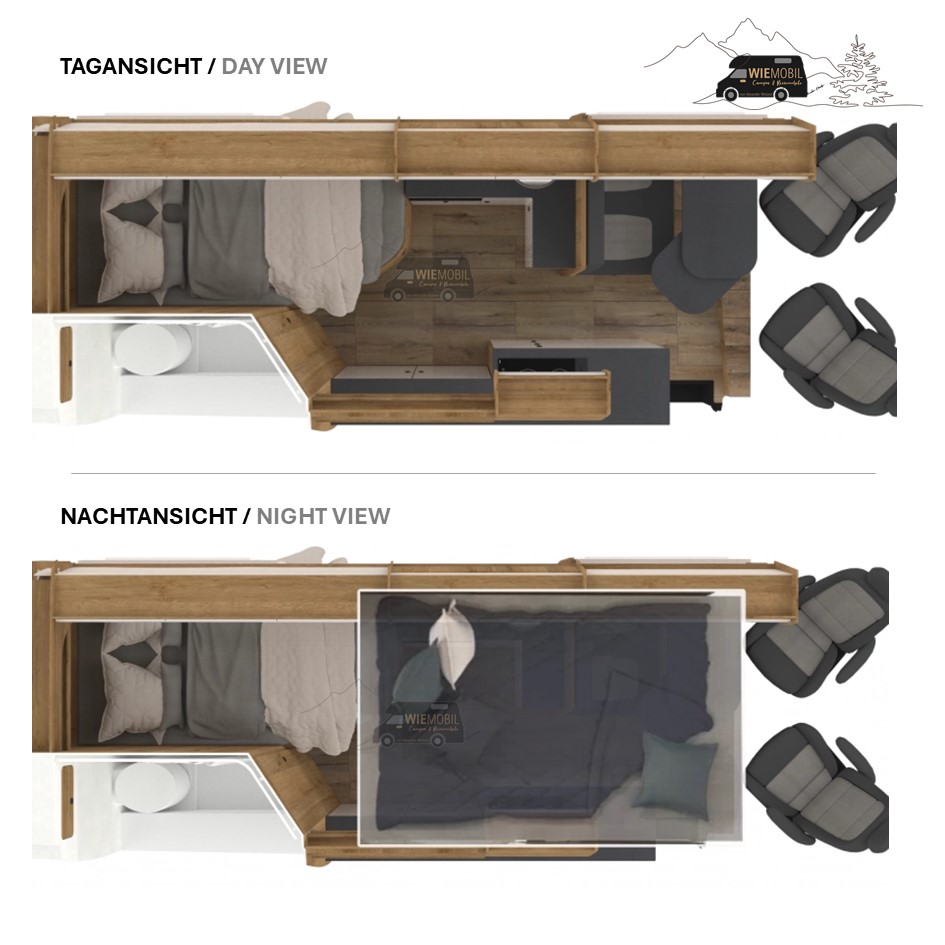 Wiemobil 711 mit Mittelküche und Längsbett, ca. 200 x 115 cm (LxB) (Gesamtlänge 6,83m & bis 3 Schlafplätze)